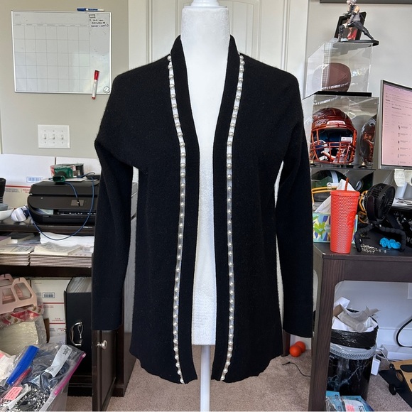 C By Bloomingdale's Black Pearl Embellished Open Front Cashmere Cardigan Small - Picture 6 of 14